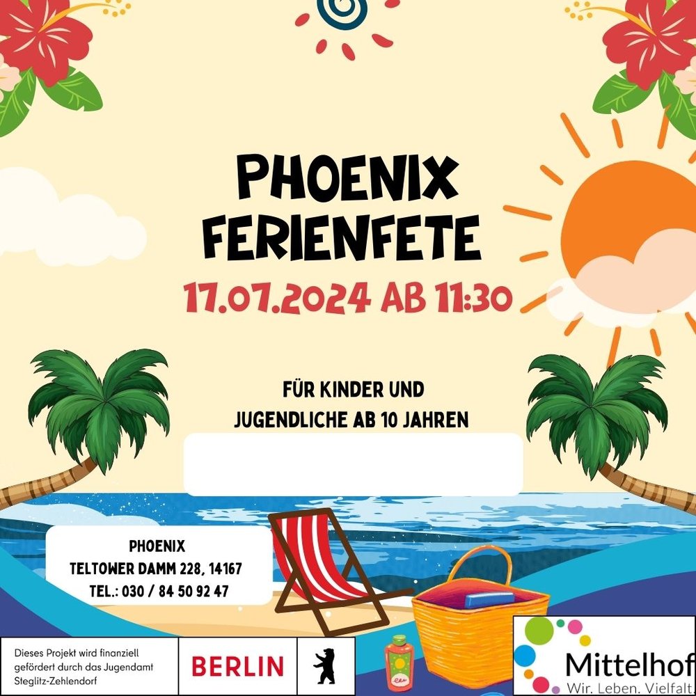 Bild mit Palmen, Blumen und Sonne. Dazu Text "Ferienfete am 17.07.2024 ab 11.30. Für Kinder und Jugendliche ab 10 Jahren"
