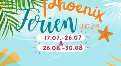 Sommerlicher Hintergrund mit Palmen und der Aufschrift: Phoenixferien  vom 17. bis 26.07 und vom 26. bis 03.08.2024